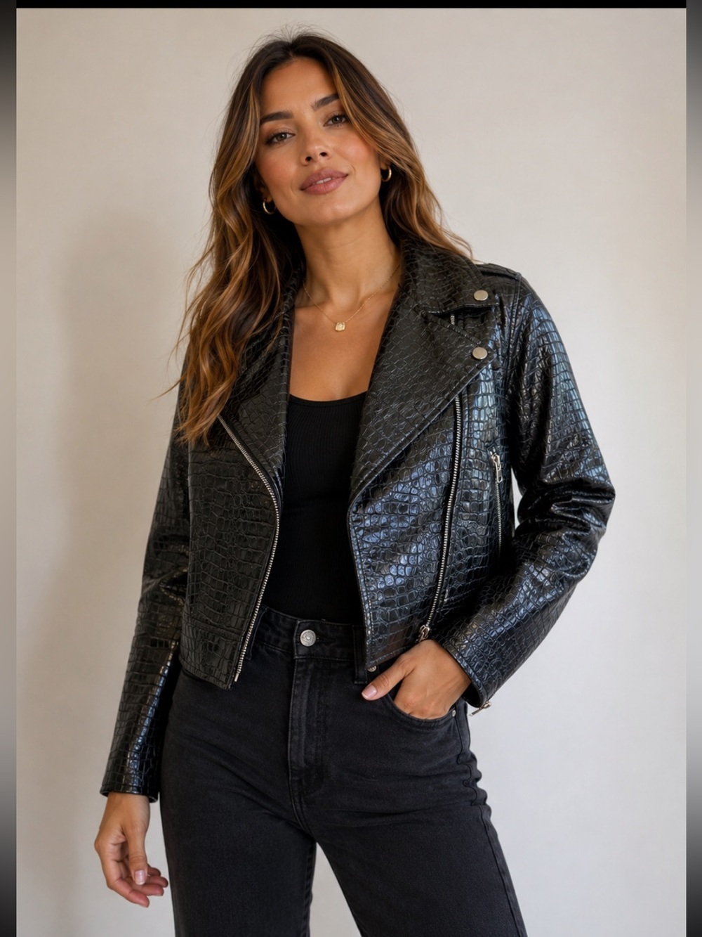 ModCloth Black Croc Embossed Moto Jacket Faux Leather Biker Coat Size Small
